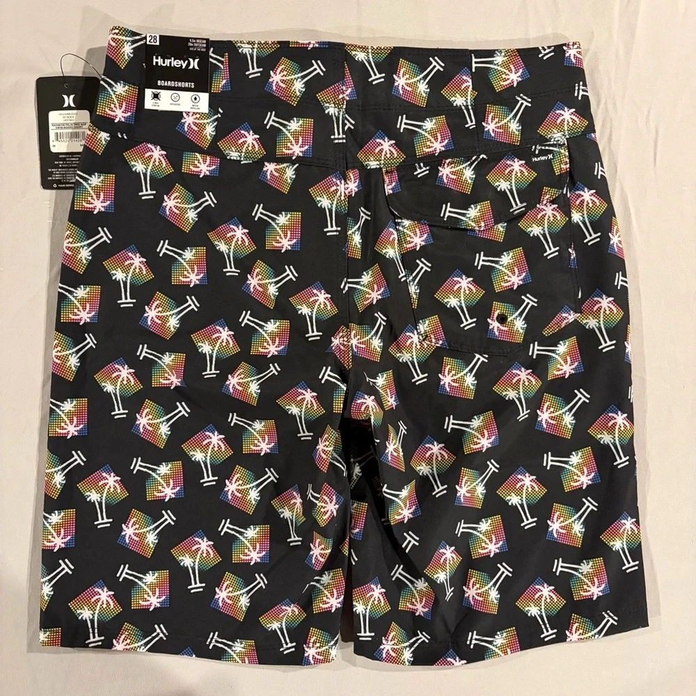 Hurley Black Board Shorts with Rainbow Palm Print NWT - Picture 5 of 7
